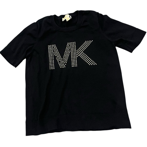 Michael Kors Women Black Short Sleeve sweater top Studded Logo Zs Medium - Picture 1 of 8